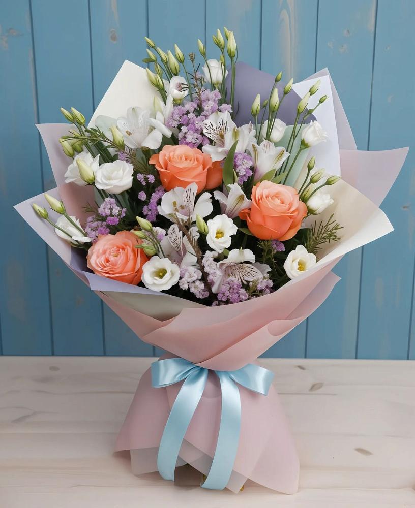 Букет цветов из: Лизиантусы, Розы, Альстромерии и Гипсофила в Межевом