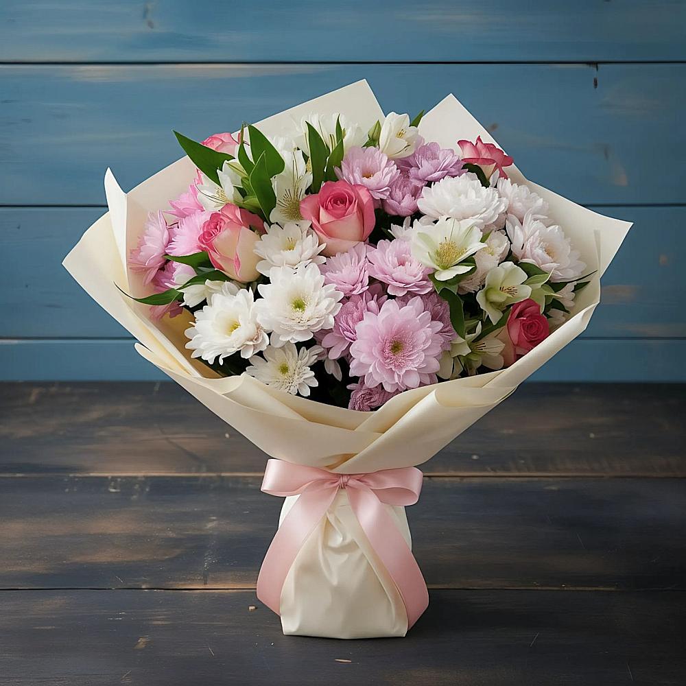 Букет цветов из: Хризантемы, Альстромерии и Розы в Межевом